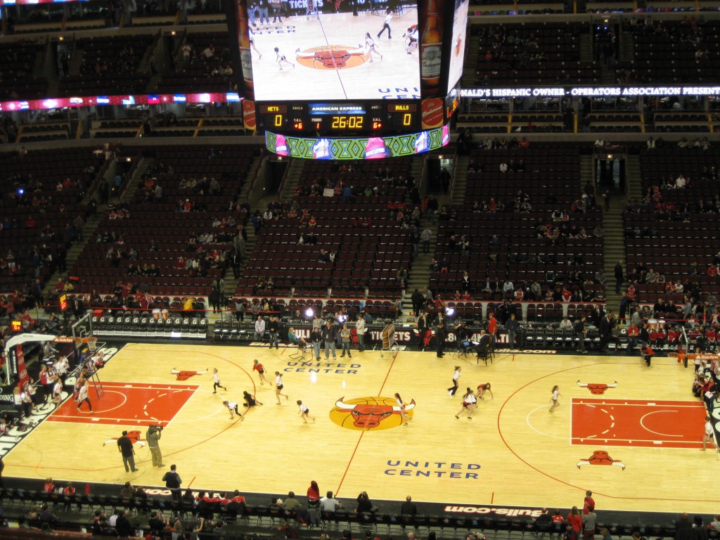 Overview of the court at United Center for a Chicago Bulls game