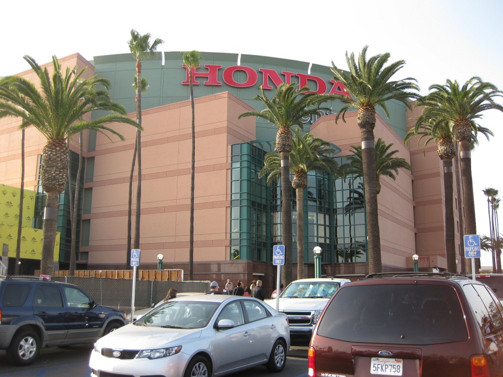 Exterior of the Honda Center in Anaheim, California, as viewed from the parking lot.