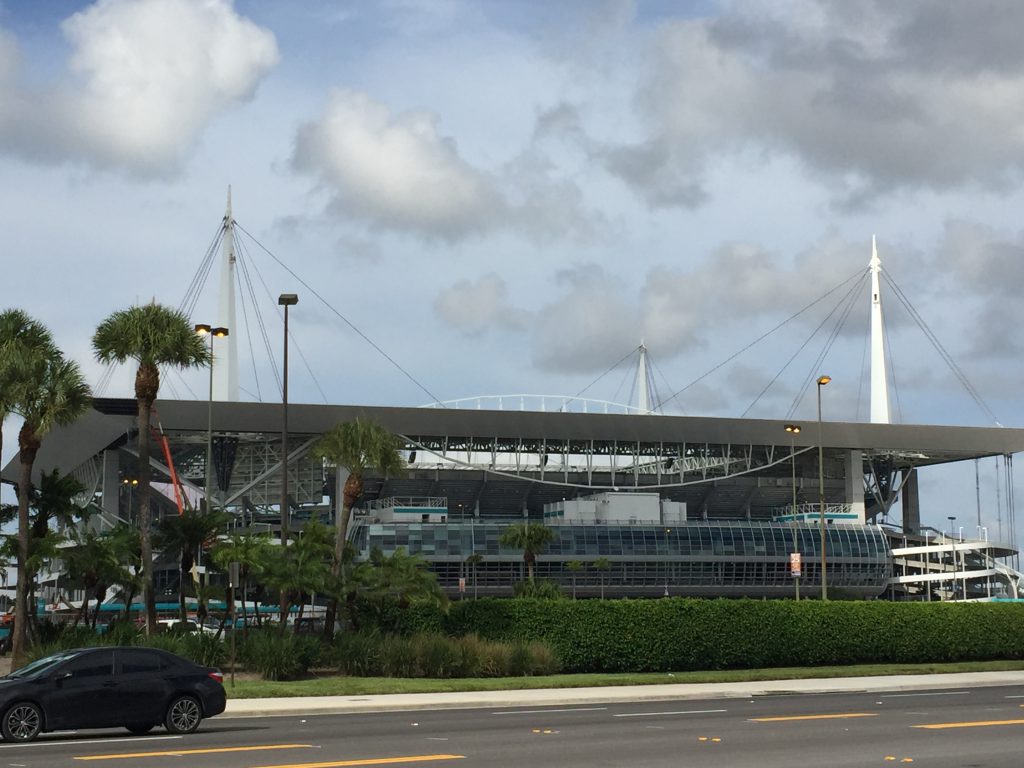 Hard Rock Stadium, home of the Miami Dolphins, as viewed from across the street