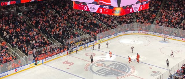 View of the rink at Rogers Place during an Edmonton Oilers game