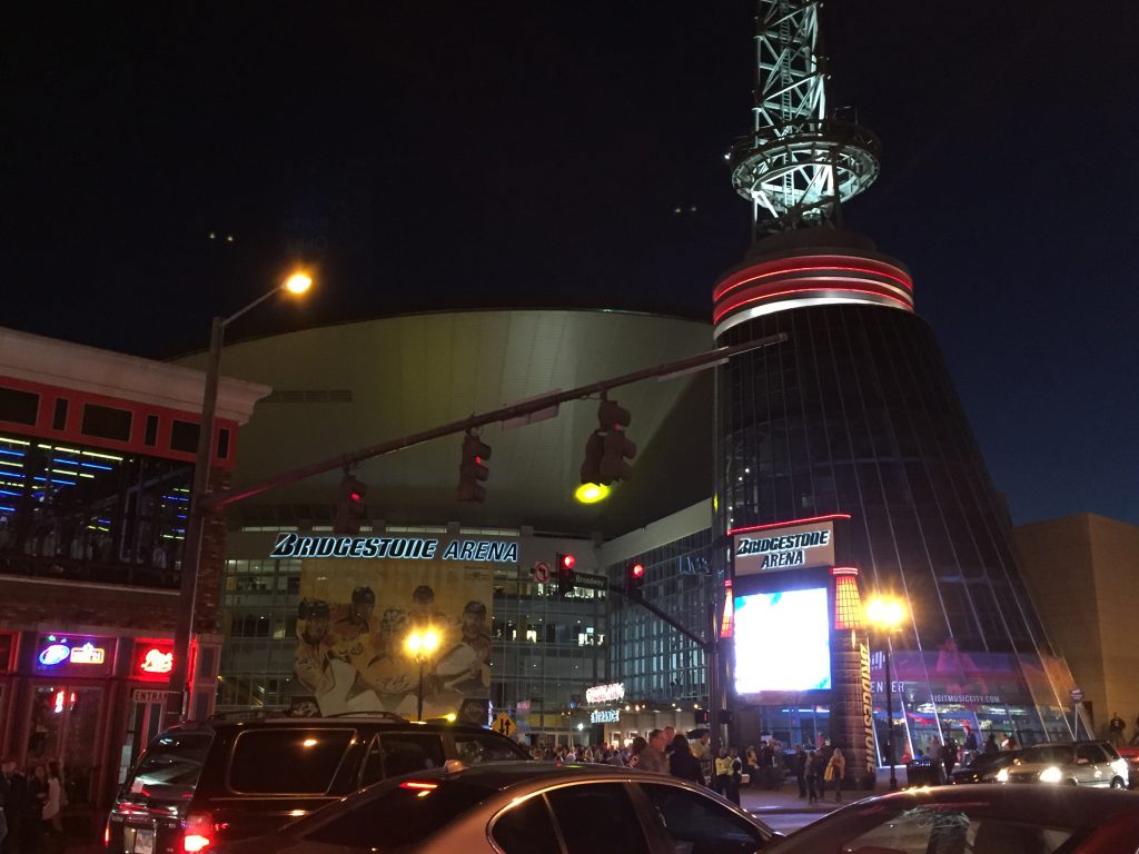 Nighttime view of Bridgestone Arena, home of the Nashville Predators