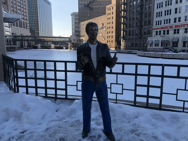"Bronze Fonz" at the Milwaukee Riverwalk Bronze Fonz Milwaukee sports teams travel guide