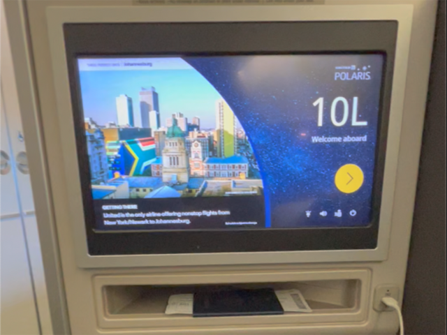 TV screen in United Airlines' Polaris business class cabin