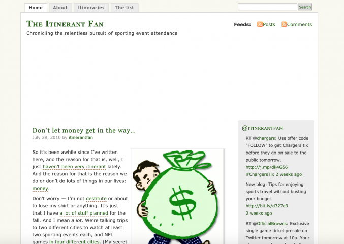 An early screenshot of Itinerant Fan, a sports travel website founded in 2010