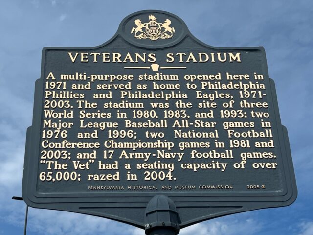 A historical marker denotes the site of Veterans Stadium in Philadelphia