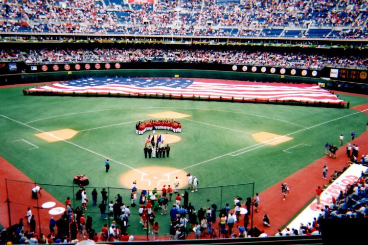 The American flag is displayed on the field before the final Philadelphia Phillies game at Veterans Stadium
