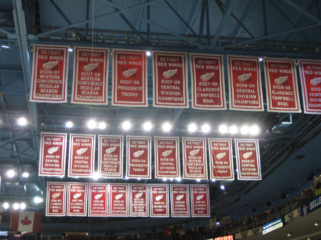 Joe Louis Arena seating bowl Red Wings banners hang from the rafters at Joe Louis Arena in Detroit