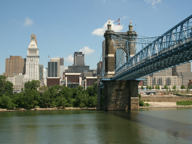 Cincinnati skyline and Roebling Bridge