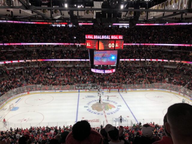 Overview of the ice at United Center for a Chicago Blackhawks game