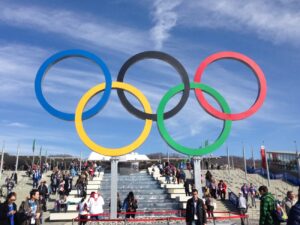 The Olympic rings on display at the 2014 Winter Games in Sochi, Russia