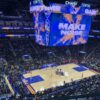 View of the court at Chase Center in San Francisco during a Golden State Warriors game