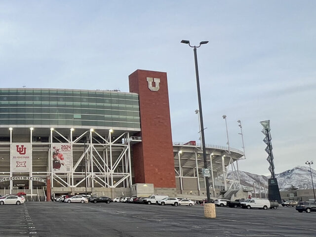 The Olympic cauldron can be seen standing next to Rice-Eccles Stadium in Salt Lake City