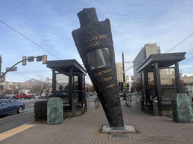 A marker at the Arena light rail station in downtown Salt Lake City commemorates the 2002 Winter Olympics