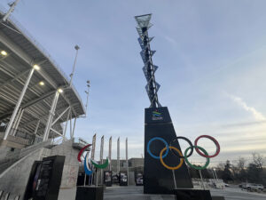 The Olympic rings and cauldron are seen in front of Rice-Eccles Stadium in Salt Lake City, Utah