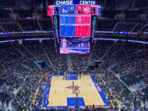 View of the seating bowl at Chase Center in San Francisco during a Golden State Warriors game