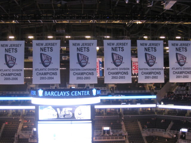 Banners hang at Barclays Center, home of the Brooklyn Nets