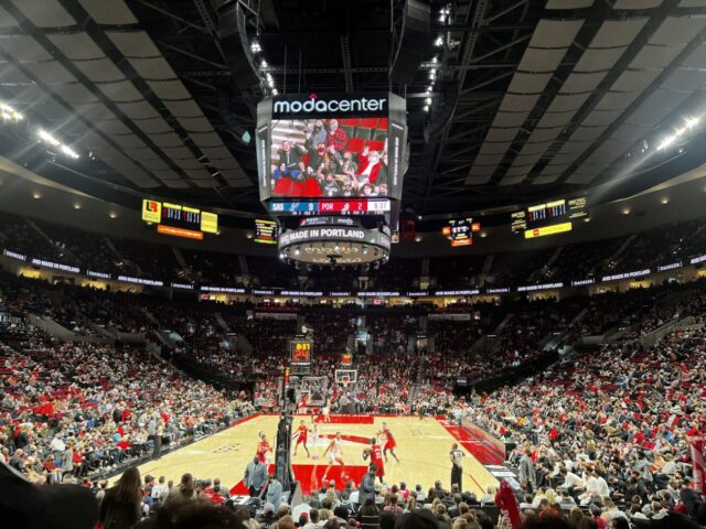 View from baseline seats at Moda Center, home of the Portland Trail Blazers