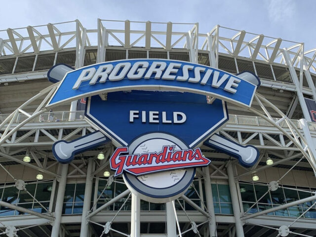 Exterior signage at Progressive Field, home of the Cleveland Guardians