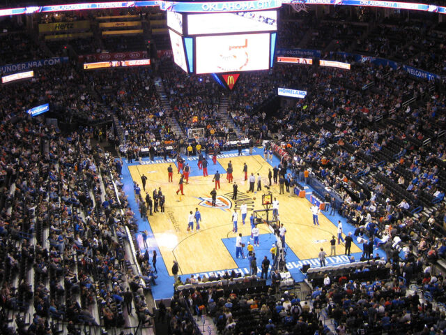 Overview of the court at Paycom Center, home of the Oklahoma City Thunder