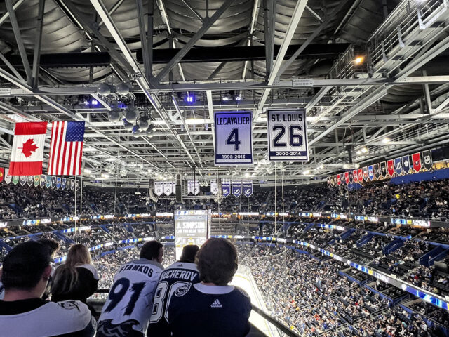 Looking out from the "Between the Pipes" section of the upper deck at Amalie Arena in Tampa, Florida