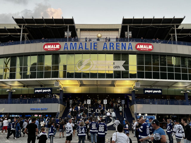 Looking at the main entrance to Amalie Arena in Tampa, Florida, before a Tampa Bay Lightning game