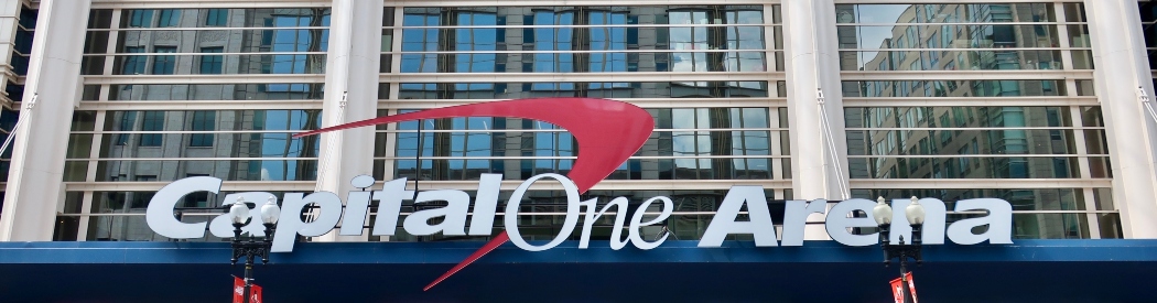 Signage above the main entrance to Capital One Arena in Washington, D.C.