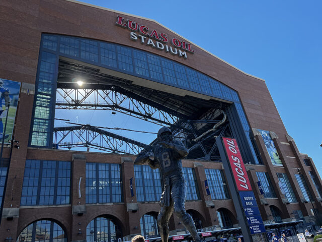North entrance at Lucas Oil Stadium, home of the Indianapolis Colts. A statue of Colts great Peyton Manning is in the foreground