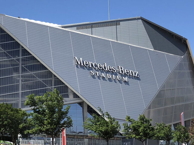 Exterior signage at Mercedes-Benz Stadium, home of the Atlanta Falcons