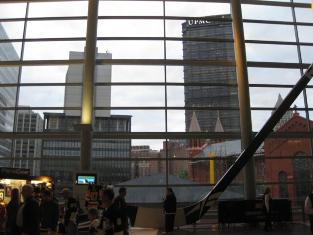 A view of the Pittsburgh skyline from inside PPG Paints Arena, home of the Pittsburgh Penguins