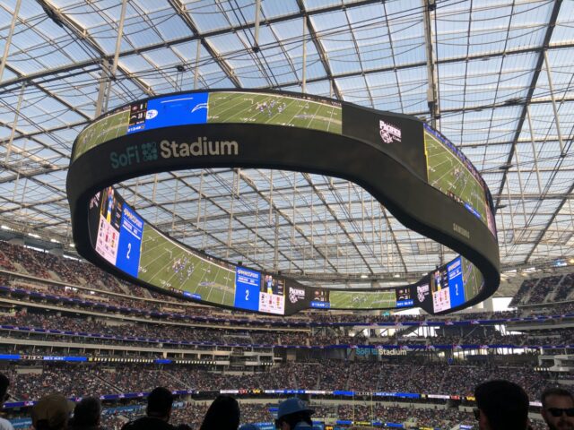 View of the roof and oculus board at SoFi Stadium, home of the Los Angeles Rams and Chargers