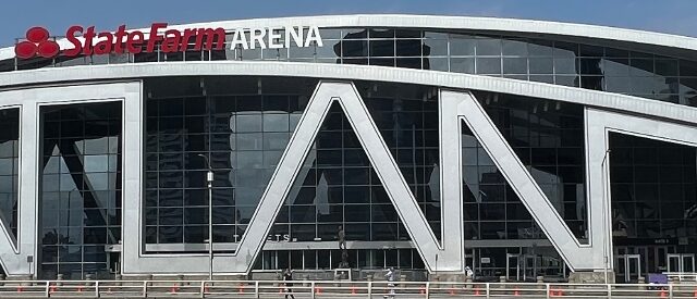 Exterior facade of State Farm Arena, with beams spelling out "Atlanta"