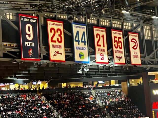 The Hawks' retired numbers hang from the rafters at State Farm Arena in Atlanta