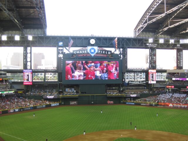 View of the field and outfield videoboard at Chase Field in Phoenix, home of the Arizona Diamondbacks