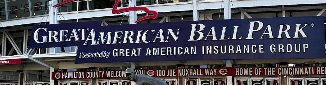 Exterior signage at Great American Ball Park, home of the Cincinnati Reds