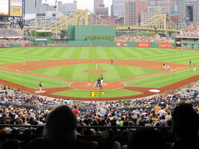 View of the field at PNC Park in Pittsburgh from behind home plate