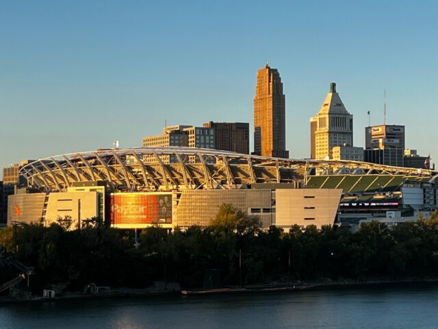 View of Paycor Stadium, home of the Cincinnati Bengals, with the Cincinnati skyline in the background