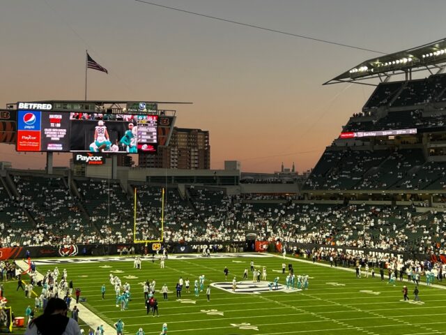 View from behind the north end zone at Paycor Stadium, home of the Cincinnati Bengals