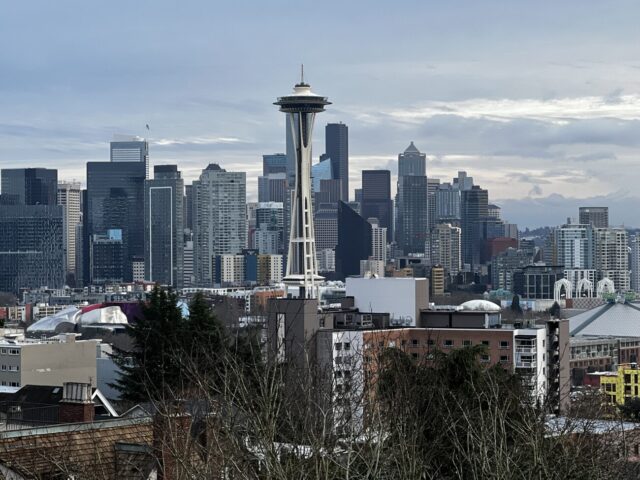 The skyline of downtown Seattle, with the Space Needle in the foreground