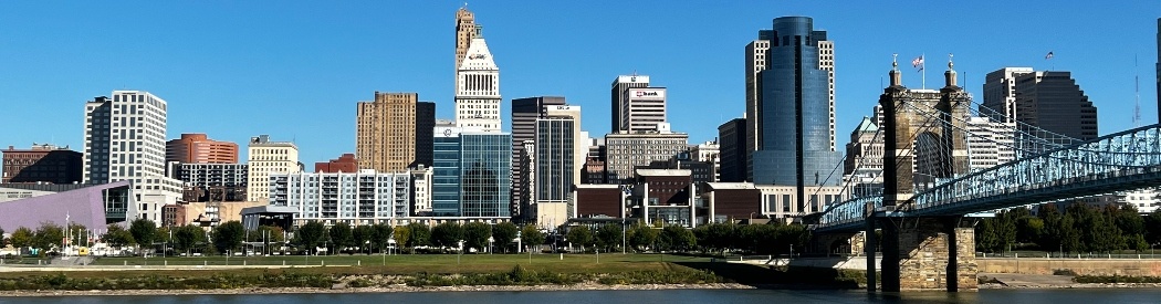 Skyline of downtown Cincinnati, with the Roebling Suspension Bridge on the far right