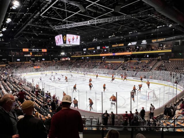 View of the ice at Mullett Arena in Tempe, Arizona