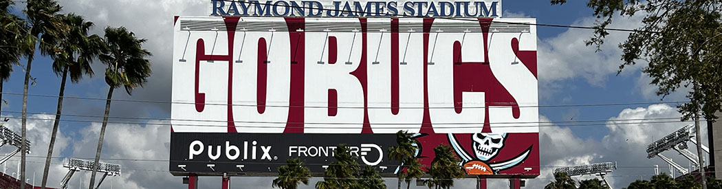 Panoramic view of the south entrance to Raymond James Stadium in Tampa, Florida