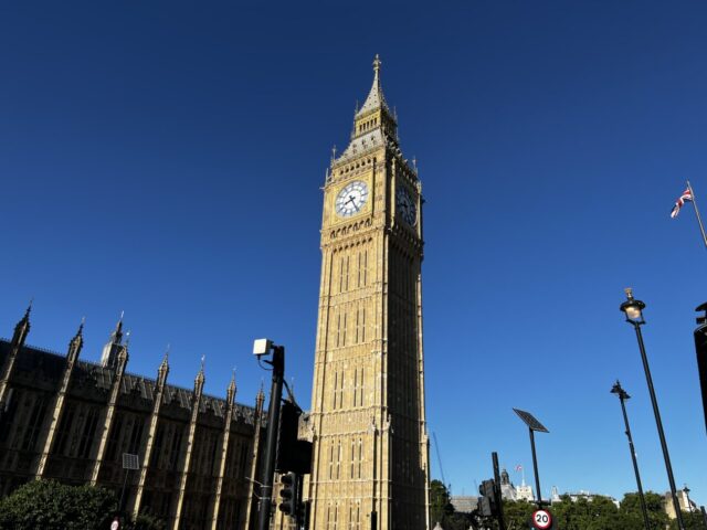 The "Big Ben" clock tower at the Palace of Westminster in London