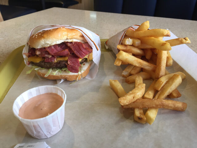 Pastrami burger and fries with fry sauce from Crown Burgers