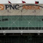 Exterior signage at the main entrance to PNC Arena in Raleigh, North Carolina