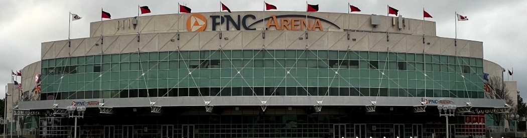 Exterior signage at the main entrance to PNC Arena in Raleigh, North Carolina