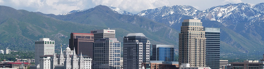 Skyline of Salt Lake City, Utah, with the Wasatch Mountains in the background