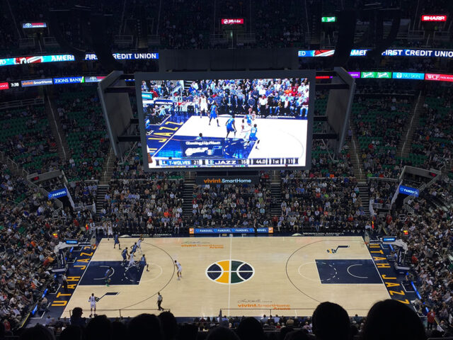 View of the court and videoboard at Vivint Arena in Salt Lake City, home of the Utah Jazz