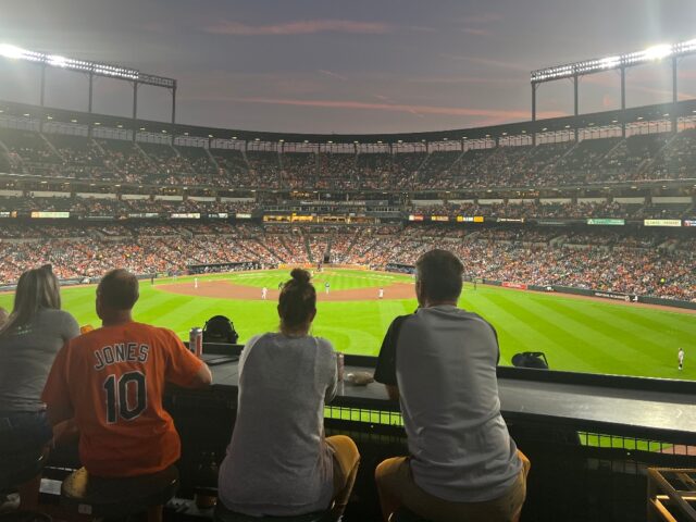 View of the field from the outfield party deck at Camden Yards in Baltimore