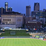 Panoramic view of the outfield at Comerica Park in Detroit, with the downtown skyline behind it