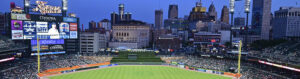 Panoramic view of the outfield at Comerica Park in Detroit, with the downtown skyline behind it
